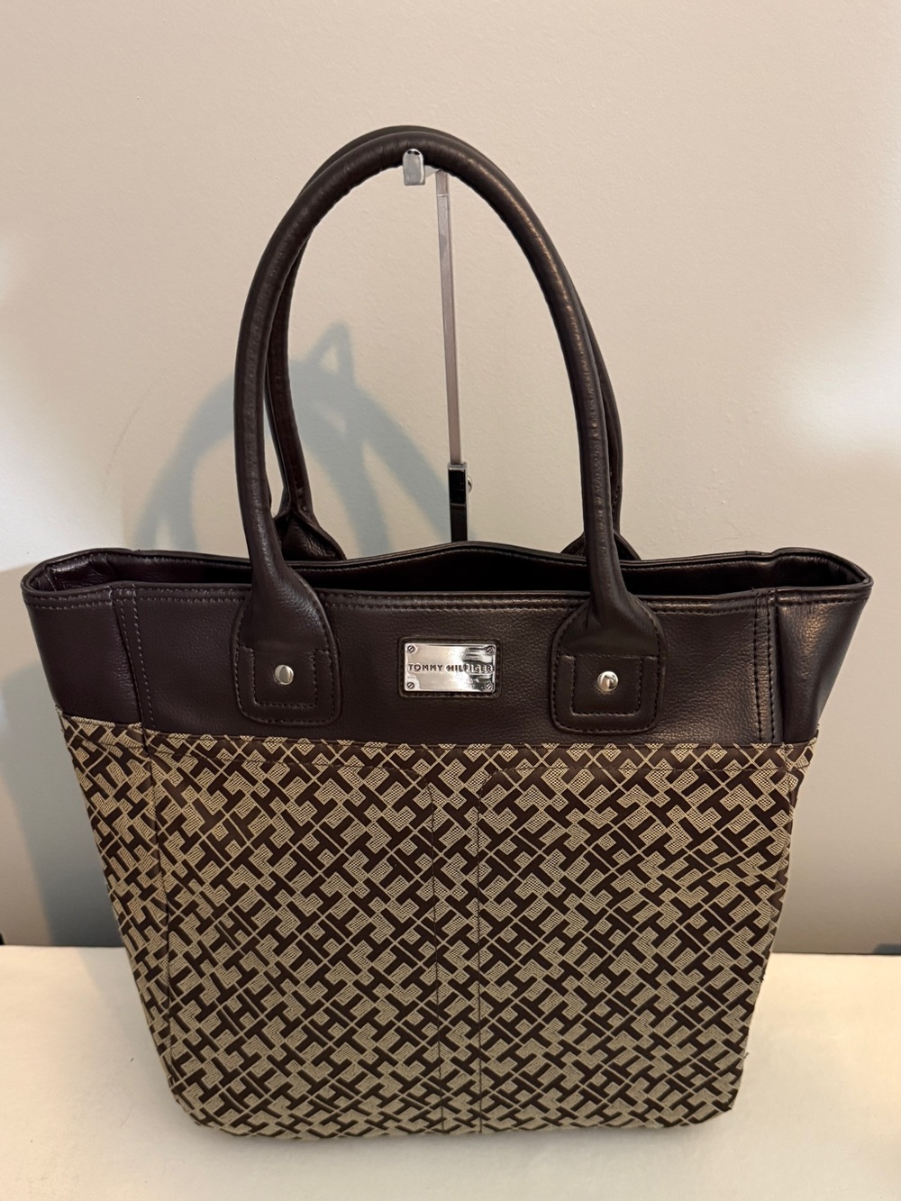 Tommy Hilfiger Monogram Tote Bag Brown Tan Canvas Faux Leather